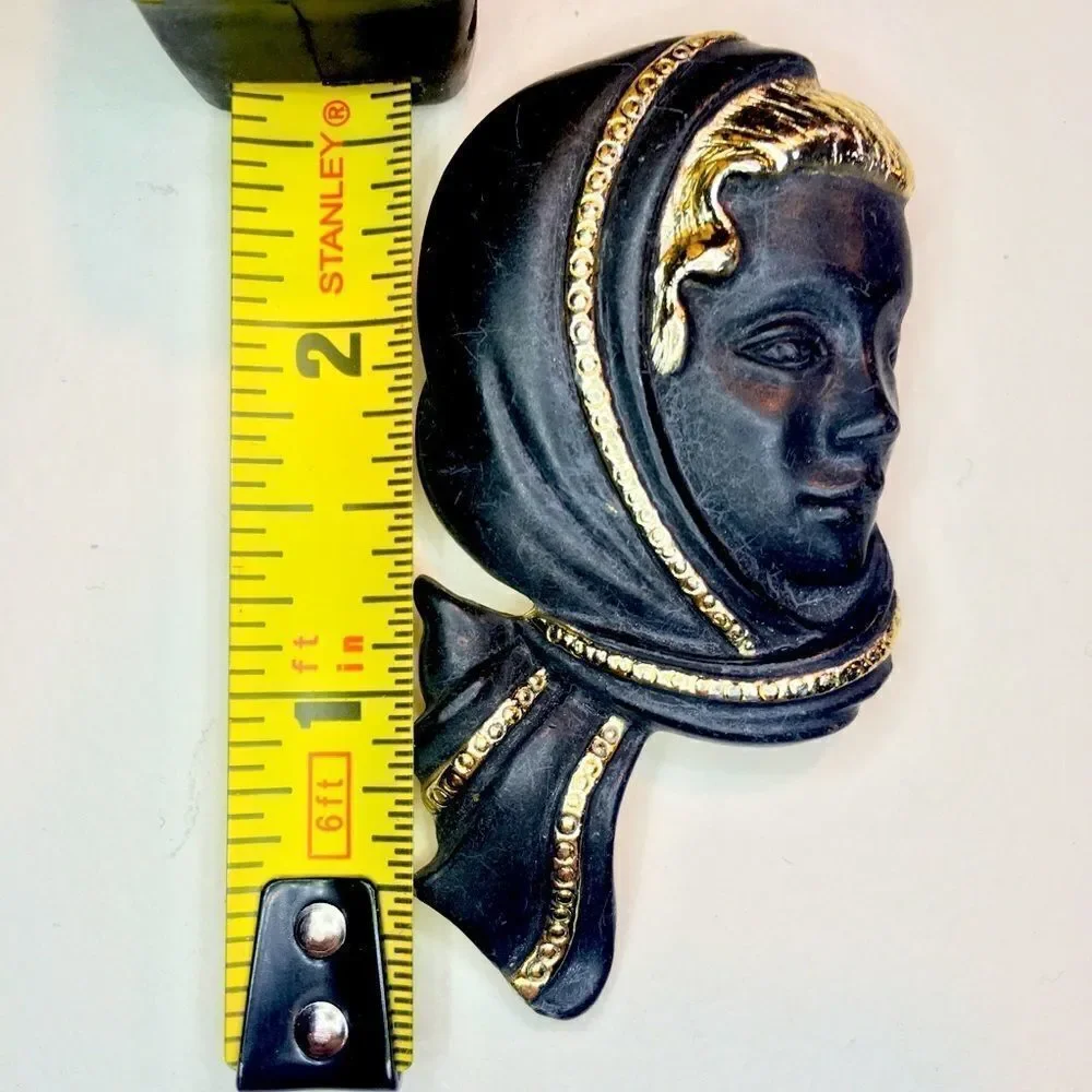 Vintage Black on Gold Women in a Headscarf Brooch